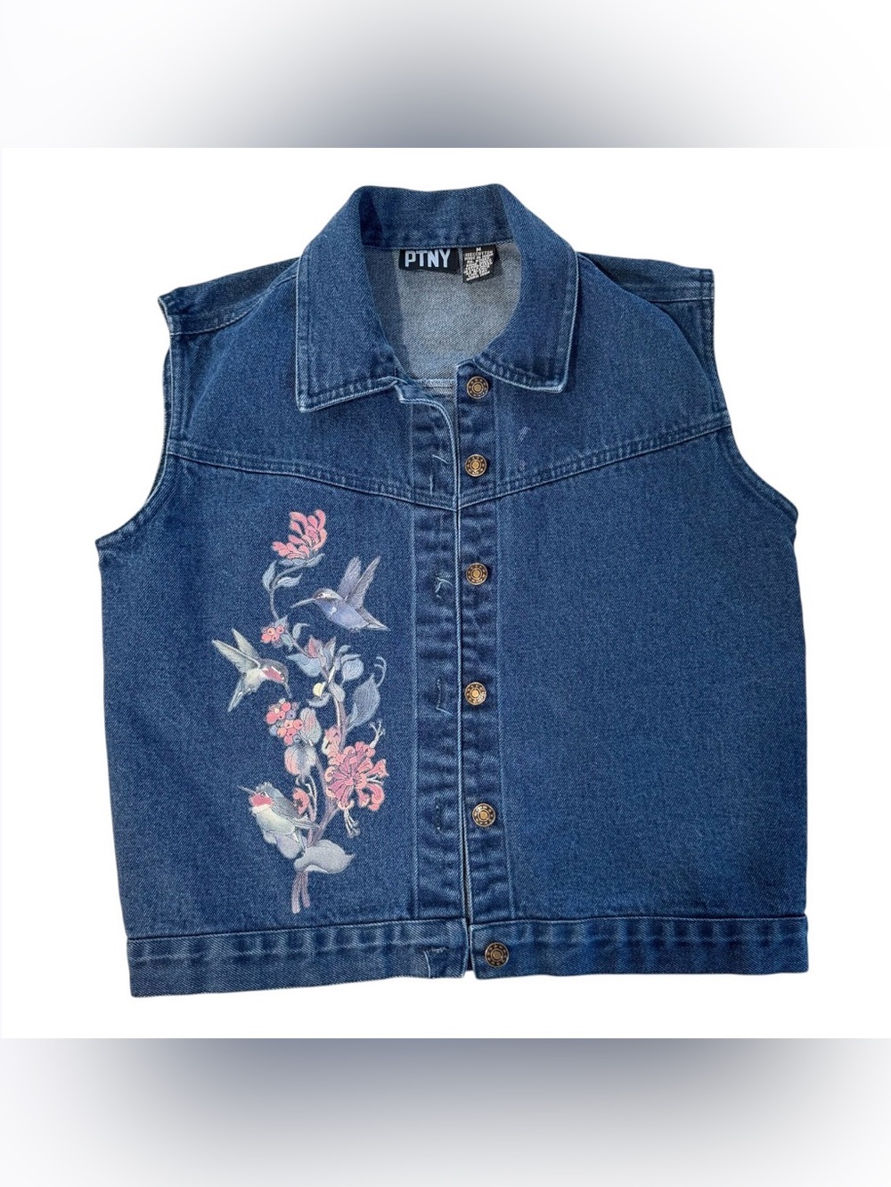 Vintage 90s PTNY Embroidered Denim Vest - Hummingbird & Floral Cottagecore Jean